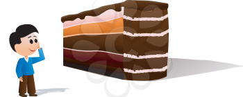 Royalty Free Clipart Image of a Young Boy Standing By a Giant Piece of Layered Cake