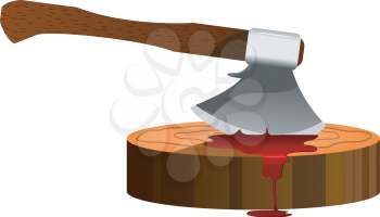 Royalty Free Clipart Image of an Axe With Blood on a Chopping Block