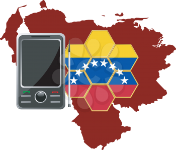 Royalty Free Clipart Image of a Tri-Coloured Design with Stars and a Cell Phone on a Map of Venezuela