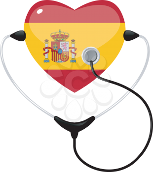 Royalty Free Clipart Image of a Medical Heart Shape of the Flag of Spain with a Stethoscope