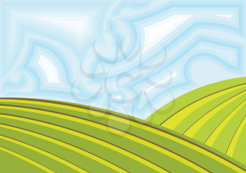 Royalty Free Clipart Image of Green Hills and Valleys Under a Blue Sky