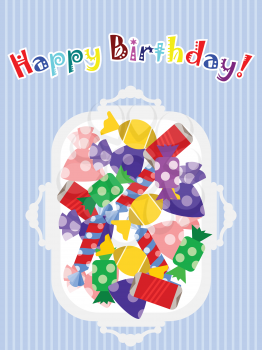 Royalty Free Clipart Image of an Assortment of Wrappped Candies on a Happy Birthday Striped Blue Background