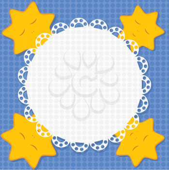 Royalty Free Clipart Image of a Blue Background With Yellow Star Icons and a White Lace Center