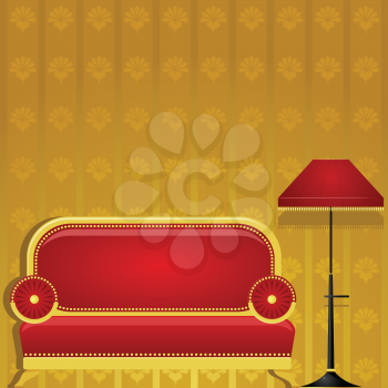 Royalty Free Clipart Image of a Red Sofa and Red Lamp With Gold Wallpaper