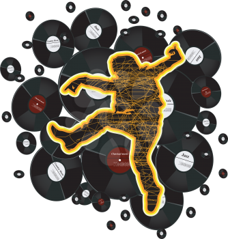 Royalty Free Clipart Image of a Silhouette of a Person Dancing With Vinyl Albums in the Background