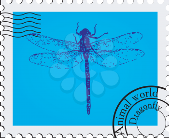 Royalty Free Clipart Image of a Dragonfly on a Stamp