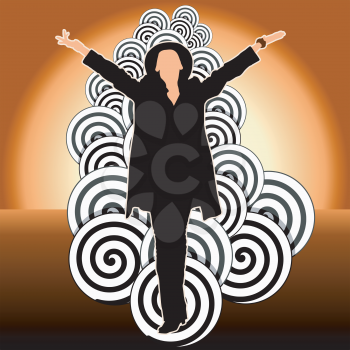 Royalty Free Clipart Image of a Person Standing in an Abstract Ray of Light With Their Arms out