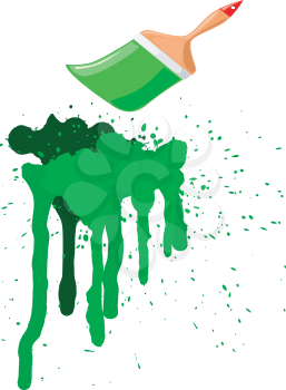 Royalty Free Clipart Image of Green Splattered Paint With a Paintbrush on a White Background