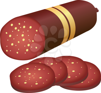 Royalty Free Clipart Image of a Tube of Sausage and Sliced Pieces of Sausage on a White Background