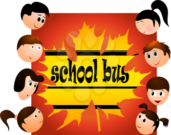 Royalty Free Clipart Image of a Group of Children Surrounding a Poster of a School Bus With an Abstract Paint Pattern Surrounding the Bus