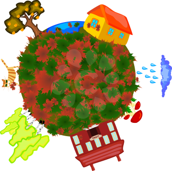 Royalty Free Clipart Image of an Abstract Illustration of a World Covered in Grasses, Animals, Houses and Trees