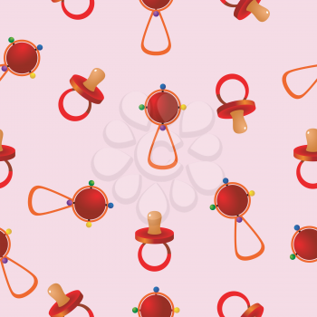 Royalty Free Clipart Image of a Pink Background With a Variety of Pacifiers and Baby Rattles