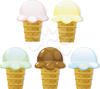Royalty Free Clipart Image of a Variety of Flavored Ice Cream Cones