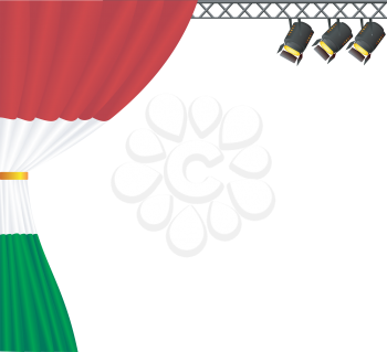 Royalty Free Clipart Image of a Theatre Stage With Overhead Stage Lights and a Curtain With Colours Representing Hungary