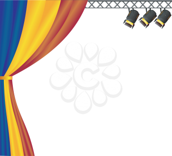 Royalty Free Clipart Image of a Theatre Stage With Spotlights and a Colourful Curtain  