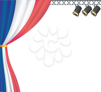 Royalty Free Clipart Image of a Theatre Stage With Overhead Lights and a Curtain With Colours Representing France