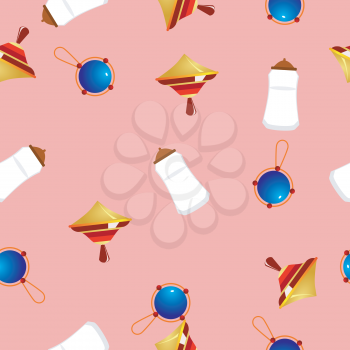 Royalty Free Clipart Image of a Pink Background With Baby Rattles, Tops, and Baby Bottles