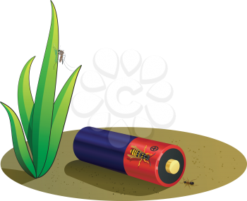 Royalty Free Clipart Image of a AA Battery and Ant on the Ground Next to an Aloe Plant With a Mosquito