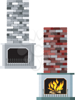 Royalty Free Clipart Image of a Two Fireplaces, One With a Fire