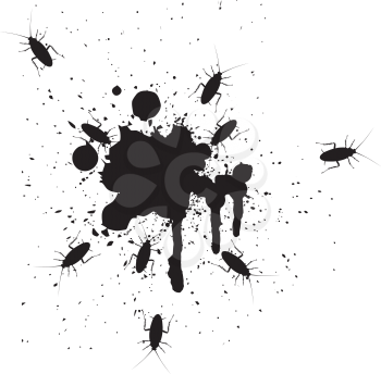 Royalty Free Clipart Image of a Background With Cockroaches and Splats of Paint
