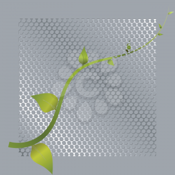 Royalty Free Clipart Image of a Green Leafy Stem on a Metal Mesh Background
