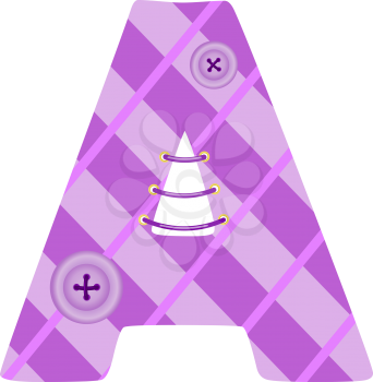 Royalty Free Clipart Image of the Letter A Decorated with Purple Designs, Buttons, and a Thimble