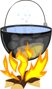 Royalty Free Clipart Image of a Kettle Brewing over a Log Fire