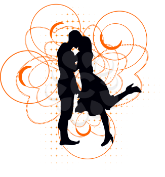 Royalty Free Clipart Image of a Silhouette of a Couple Dancing on an Abstract Background