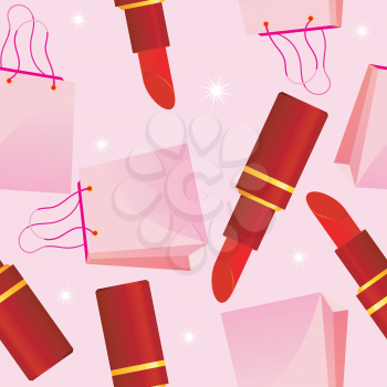 Royalty Free Clipart Image of a Background of Lipsticks and Handbags on a Pink Paper