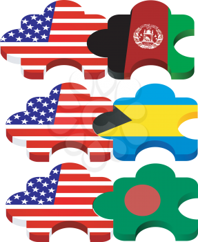 Vector puzzles with national symbolics of United States America, Bahamas, Afghanistan