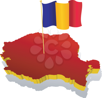 three-dimensional image map of Romania with the national flag 