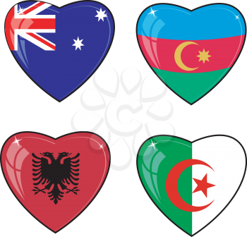 Set of vector images of hearts with the flags of Australia, Azerbaijan, Albania, Algeria