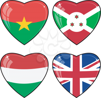 Set of vector images of hearts with the flags of Burkina Faso, Great Britain, Hungary, Brunei