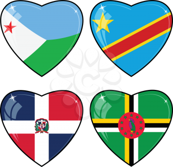 Set of vector images of hearts with the flags of Congo, Djibouti, Dominica, Dominican Republic