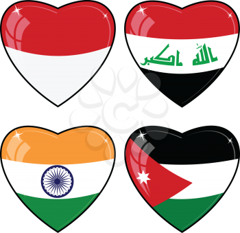 Set of vector images of hearts with the flags of  India, Indonesia, Jordan, Iraq,