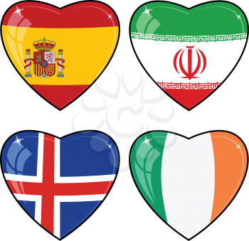 Set of vector images of hearts with the flags of Iran, Ireland, Iceland, Spain, 