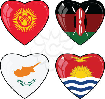 Set of vector images of hearts with the flags 
of Kenya, Cyprus, Kyrgyzstan, Kiribati
