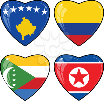 Set of vector images of hearts with the flags of Korea, Colombia, Comoros, Kosovo