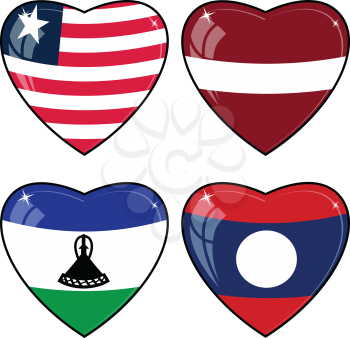 Set of vector images of hearts with the flags of Laos, Latvia, Lesotho, Liberia