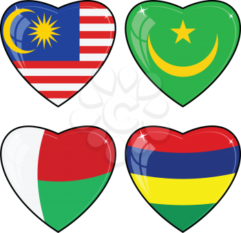 Set of vector images of hearts with the flags of Malaysia, Mauritius, Mauritania, Madagascar