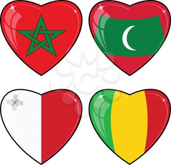 Set of vector images of hearts with the flags of Mali, Maldives, Malta, Morocco