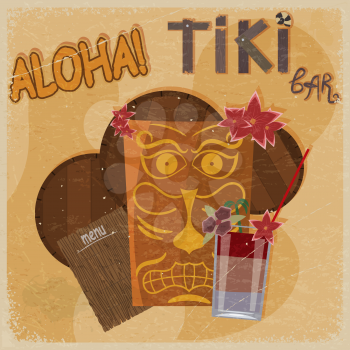 Vintage postcard - for tiki bar sign - featuring Hawaiian masks, guitars and cocktails. eps10