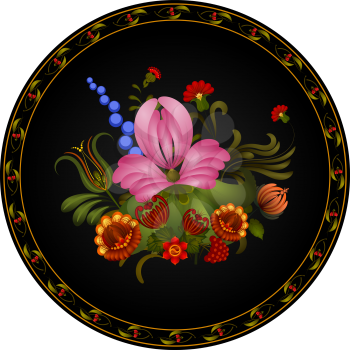 Petrikov painting.  Vintage floral ornament on black round plate. eps 10