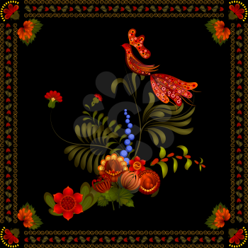 Petrikov painting.  Vintage floral ornament on black square background. eps 10