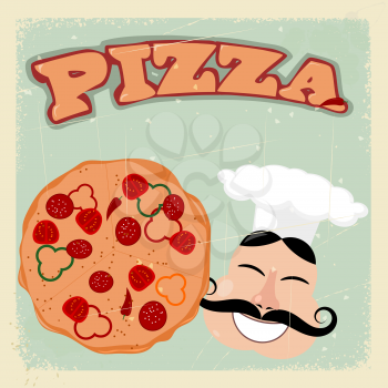 Vintage postcard with pizza and cook. eps10