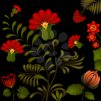 Petrikov painting. Traditional Ukrainian national floral ornament on dark background. eps 10