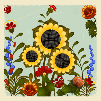 Traditional Ukrainian ornament with a sunflower on the vintage background. eps10