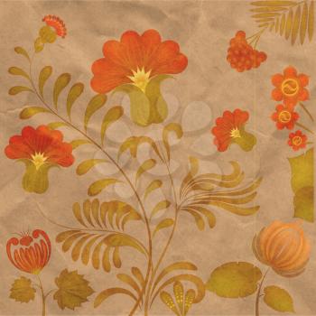 Petrikov painting. Ukrainian  floral ornament on vintage background. eps 10