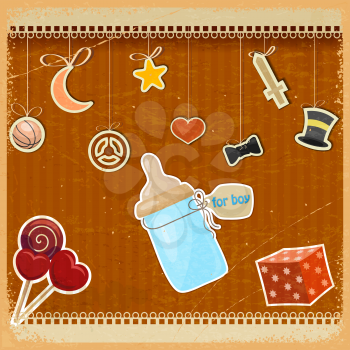 Vintage background with baby's bottle of milk and toys