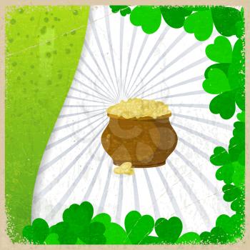 Vintage background with the image leaf clovers and pots of gold coins - a symbol of St. Patrick's Day.